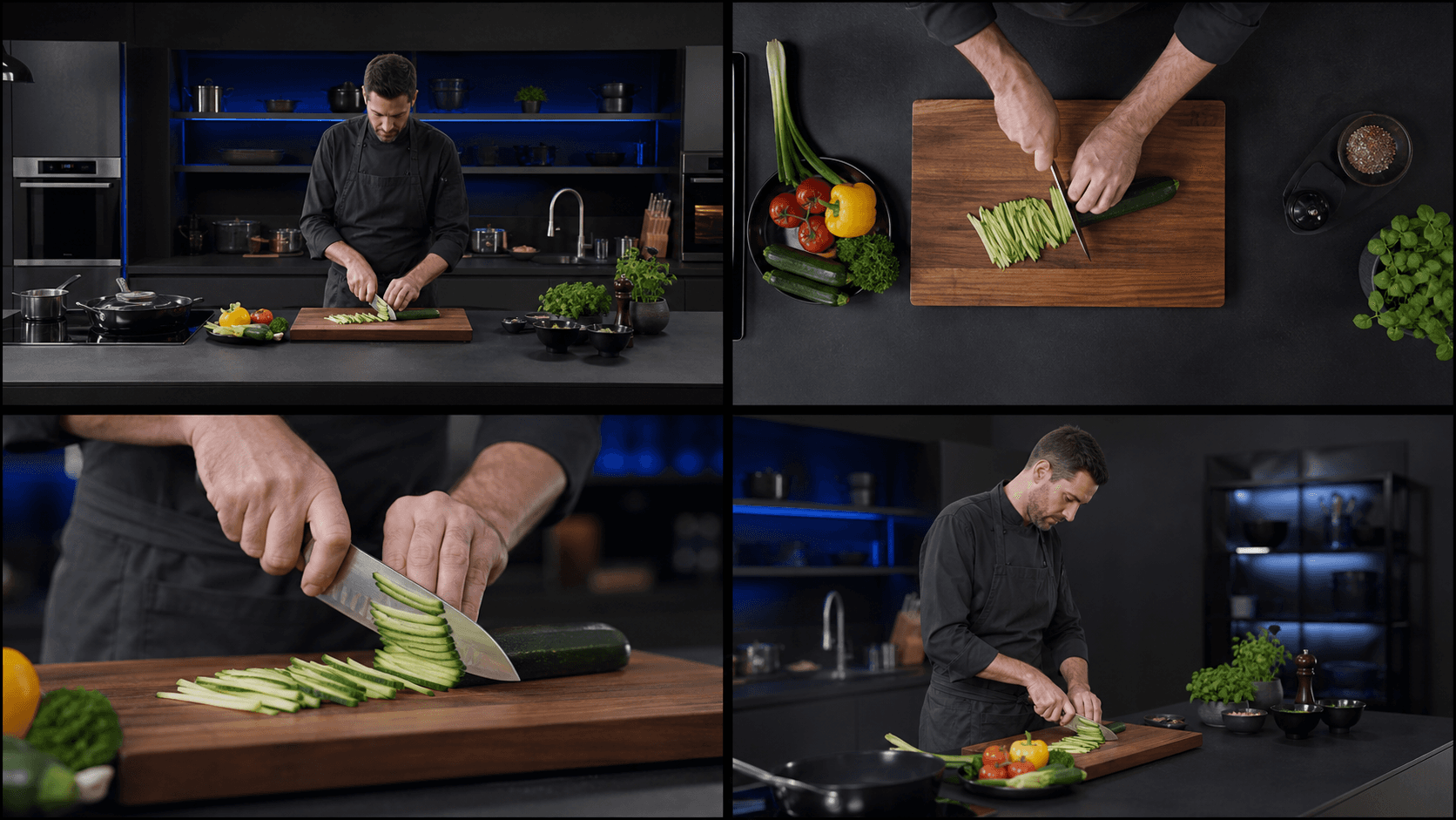 The same cooking demonstration from four synchronized camera angles